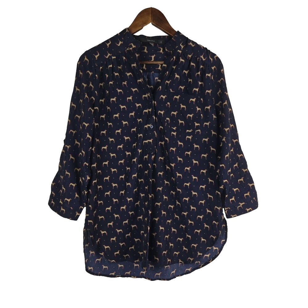Fun 2 Fun Women's Size Medium 1/4 Button Up Popover Novelty Dog Print Top